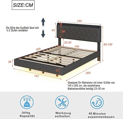 KOMHTOM Lit LED 160x200 avec Rangement, lit capitonné Lit Double avec Prise USB et sommier à Lattes (Gris, 160X200 CM) - Nail Gallerys