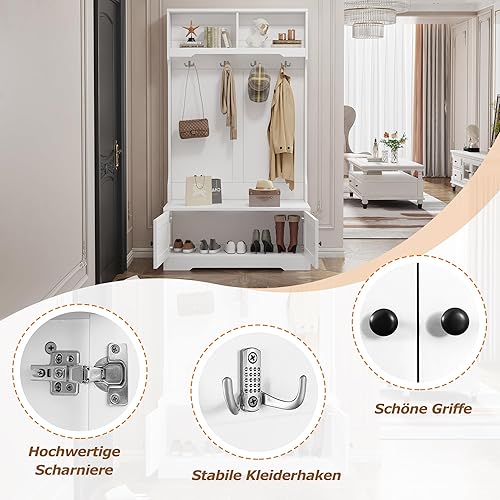 NIUAWASA Ensemble Vestiaire Blanc, Meuble d'entrée avec Espace de Rangement en Bas de l'assise avec 4 Crochets pour Accrocher et 2 Compartiments en Haut pour Un Rangement Ouvert, Porte Chaussures - Nail Gallerys