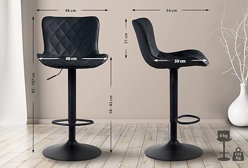 CLP Lot de 2 Tabourets De Bar Emma Similicuir Tissu Velours I Chaises Hautes Réglables Pivotant I Pied Métal Repose-Pieds, Couleur:Noir, Matériel:Velours - Nail Gallerys