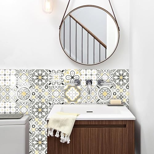 Stickers Muraux Cuisine Fleur Grise Jaune Credence Adhesive pour Cuisine Meuble Carrelage Adhesif Mural Salle de Bain Décor Dalle pvc Adhesive Sol Stickers Carrelage 15x15cm /10 pièces - Nail Gallerys
