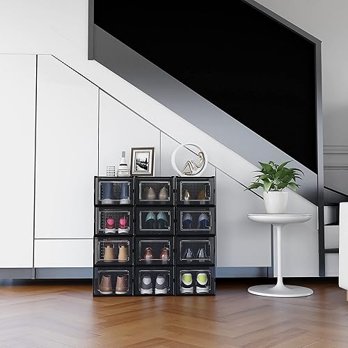 Meerveil Lot de 12 Boîtes à Chaussures Empilable, Rangement Boite Chaussure en Plastique avec Porte, 35 x 25 x 18.7 cm, pour Talons Hauts Pointure Jusqu’à 44 EU/9.5 UK, Transparente - Nail Gallerys