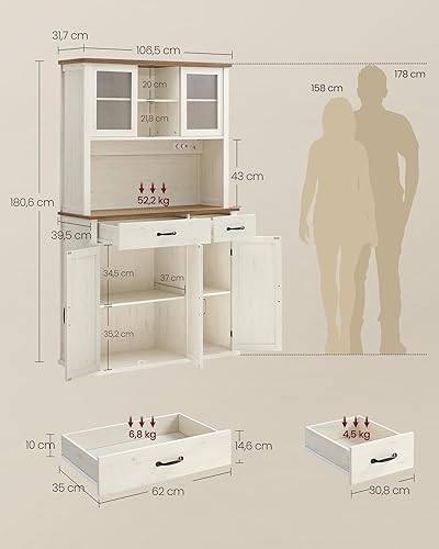 VASAGLE Meuble de Rangement avec Lumières et Chargeur, Placard de Cuisine, avec Portes et Tiroirs, 39,5 x 106,5 x 180,6 cm, Étagères Réglables, Style Campagne, Blanc Rustique et Marron Miel BBK391W02 - Nail Gallerys