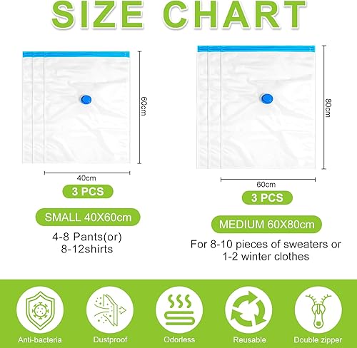 Sac Sous Vide Vetement Aspirateur 6 Pièces 3L 80x60cm 3M 60x40cm Housse de Rangement Réutilisable Couette Stockez Vêtements la Literie et les Bagages - Nail Gallerys