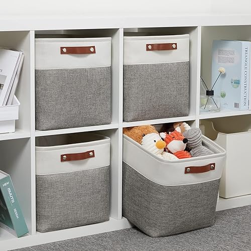 VIIHTYISA Lot de 4 Boîtes de Rangement en Tissu, 28x28x28cm, Avec Poignée en Cuir Synthétique pour Étagère Cube, Étagères, Penderie, Kaki et Blanc - Nail Gallerys