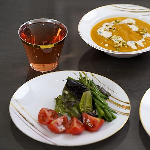 STACKABLES ~ Lot de 20 assiettes en plastique rigide ~ 22,9 cm Assiettes blanches avec motif doré ~ Ensemble de vaisselle de fête léger flexible réutilisable - Nail Gallerys