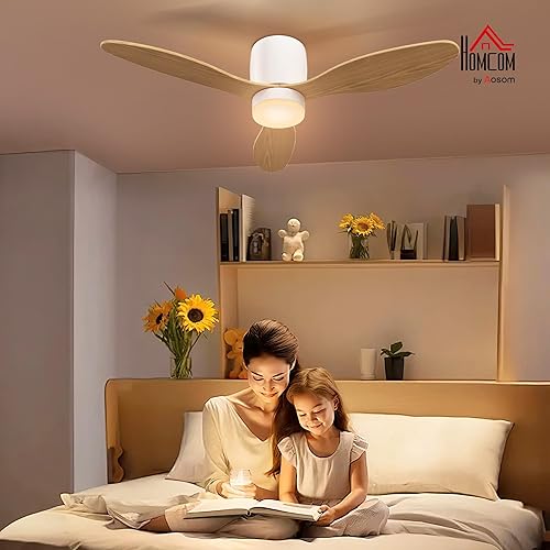 HOMCOM Ventilateur plafond avec lumière et télécommande 50 W, ventilateur de plafond silencieux et réversible 115 cm avec 3 pales 6 vitesses minuterie luminosité réglable, pour chambre salon, naturel - Nail Gallerys