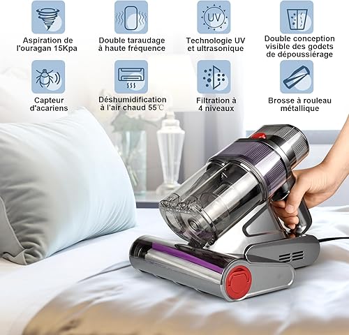 Nailaby Aspirateur Anti-acariens avec capteur d'acariens et Affichage LED, 500 W 15 KPa Aspirateur Anti-acariens pour Matelas avec lumière UV-C, ultrasons, 65 ℃ 5 s, Chauffage Rapide,élimine 99,99% - Nail Gallerys