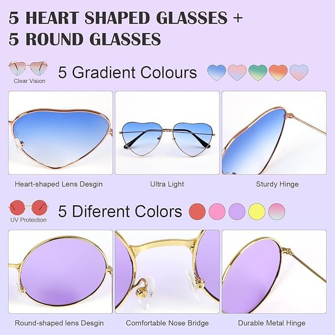 10 Paires Lunettes de Fête, Lunettes en Forme de Coeur + Lunettes de Soleil Rondes, Lunettes Vintage Hippie de Couleur, Lunettes de Fête Décoratives pour Party Annivesaire - Nail Gallerys