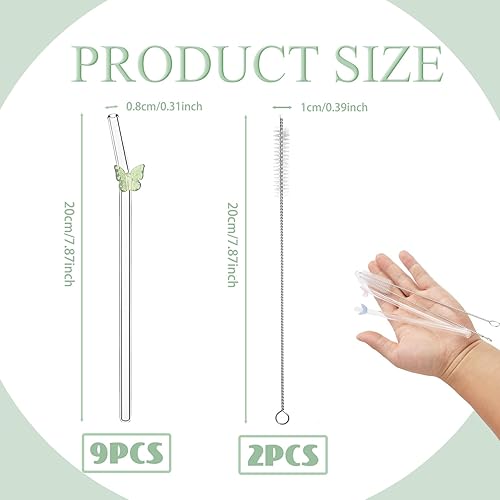 9 PCS Pailles en Verre Réutilisables, Incurvées avec Brosses de Nettoyage, Pailles à Cocktail avec Designs de Papillons Colorés, Idéales pour Jus, Smoothies et Boissons Chaudes - Nail Gallerys