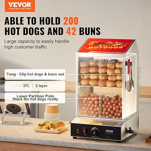 VEVOR Cuiseur à vapeur Hot-Dogs, 37L, machine à vapeur Hot-Dogs à 2 niveaux, température 30° à 85°, chauffe-petits pains électrique avec porte coulissante en verre trempé, plaque de séparation, pince - Nail Gallerys