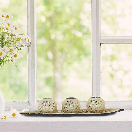 Relaxdays Porte-Bougies en lot avec Plateau et Pierres, 50 cm de Longueur, décoration Table Salon, bougeoir, doré - Nail Gallerys