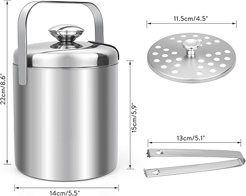 Seau à glace, en acier inoxydable, 1,6 l, petit tonneau de bière, outil de bar, porte-granulés, seau à champagne avec poignée de transport portable, pince à glace et couvercle - Nail Gallerys