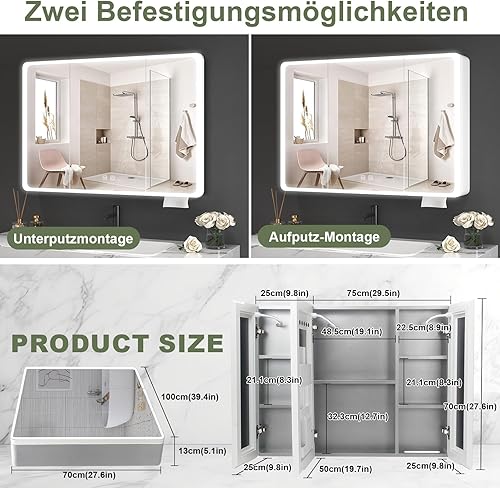 Aovquof Armoire à miroir avec éclairage - 100 x 70 cm - Armoire de salle de bain avec espace de rangement - Avec lumières LED réglables à intensité variable et fonction démoulage - Couleur crème - Nail Gallerys