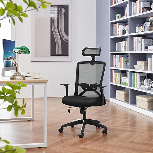 Yaheetech Chaise de Bureau Ergonomique, Dossier Haut inclinable avec appuie-tête, réglable, en Maille Respirante, pivotante, à roulettes, Charge maximale 136 kg, Noir - Nail Gallerys