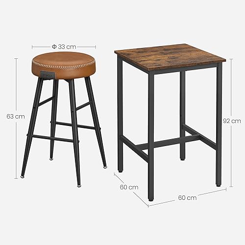 VASAGLE Ensemble Table Haute avec 2 Tabourets de Bar, Table de Bar Carrée, Table de Cuisine, Chaises de Bar, Chaise de Cuisine, avec Revêtement en PU, Marron Rustique, Marron Caramel et Noir LBT034K01 - Nail Gallerys