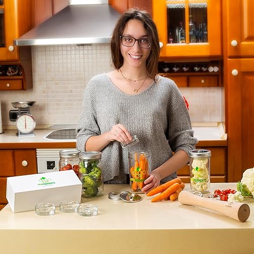 myFERMENTS Poids de Fermentation en Verre - Fermentation, Conserve, Saumure & Marinade des Légumes - Large Diamètre pour Grands Mason Jars - Poignée avec Grip - Boîte Magnétique (6 pack) - Nail Gallerys
