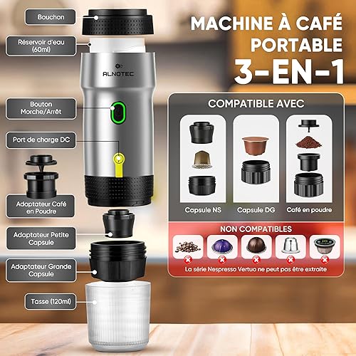 ALNOTEC Cafetière Expresso Portable 20 Bars rechargeable-Machine a Cafe Portable-Auto-Chauffante- Compatible Capsules NES, DG & Café Moulu-chargeur USB, 220V et Voiture-Housse + Support d'Égouttement. - Nail Gallerys