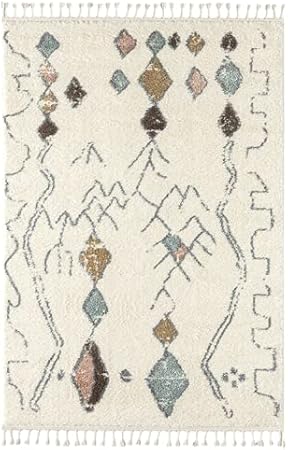 Nazar Tapis Berbere Salon, Tapis Berbere a Franges, Tapis Shaggy, Tapis Berbere Multicolore, Motifs Losanges géométriques, Lavable, Moelleux, Poils Longs, Tapis Berbere (160x230 cm, 3110 Crème) - Nail Gallerys