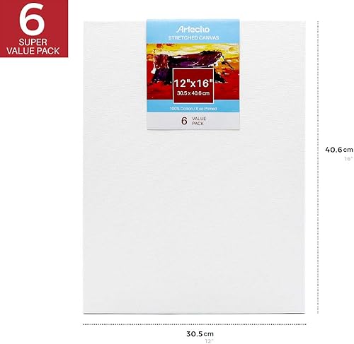 Artecho Toile tendue Blanc vierge, 12'x16' - 6Pack, apprêt 100% coton, pour peinture, verser, peinture à l'huile et support d'artiste, un bon cadeau pour les débutants et les professionnels - Nail Gallerys
