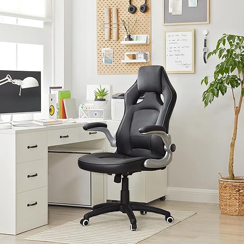 SONGMICS Chaise de bureau de forme sportive, pivotant, avec accoudoirs inclinables, Dossier haut, Hauteur réglable, Inclinable pour se balancer, Design ergonomique, Noir OBG62B 68 x 68 (115-125) cm - Nail Gallerys