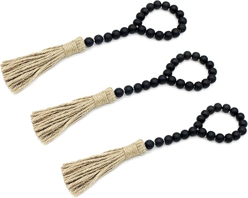 CVHOMEDECO. Guirlande de Perles de Bois avec Glands 3 PCS Farmhouse Rustic Wooden Prayer Bead String Wall Hanging Accent for Home Festival Decor. Noir - Nail Gallerys