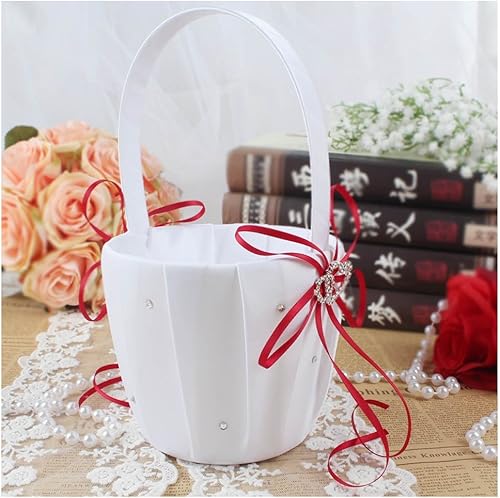 LQNB Double Coeur de Mariage Fleur Fille Panier Blanc Satin Strass Décor Rouge Cérémonie de Mariage Partie Favor - Nail Gallerys