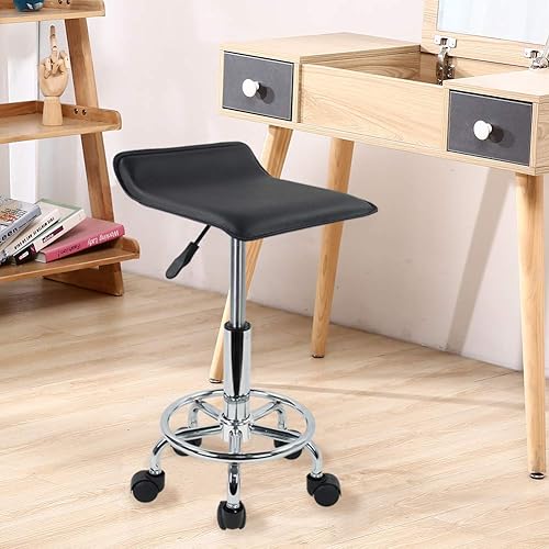 KKTONER Tabouret Roulant carré réglable en Hauteur Cuir PU Tabouret de Bureau pivotant avec Repose-Pieds Noir - Nail Gallerys