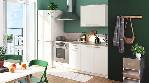 Demeyere Meuble sous Evier Cuisine Bas 3 Portes 2 Tiroirs et 1 Niche – Cooking – Coloris Blanc & Chêne – 60 x 180 x 85,2 cm - Nail Gallerys