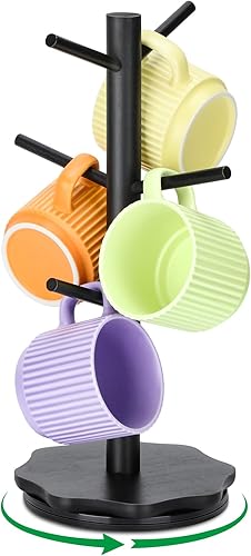Euqvunn Porte-tasses pivotant à 360°, Support Tasse à Café en bois pour plans de travail, Support Tasse à base pétale épaissie, Arbre à tasse pour bar à café, Mug Tree avec 6 crochets-Noir - Nail Gallerys