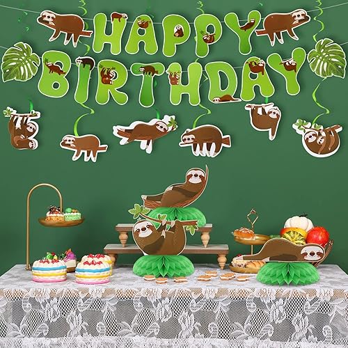 Tinlade Lot de 17 décorations et fournitures de fête en forme de paresseux avec 2 bannières d'anniversaire, 3 centres de table en nid d'abeille, 6 tourbillons suspendus et cartes pour cadeaux - Nail Gallerys