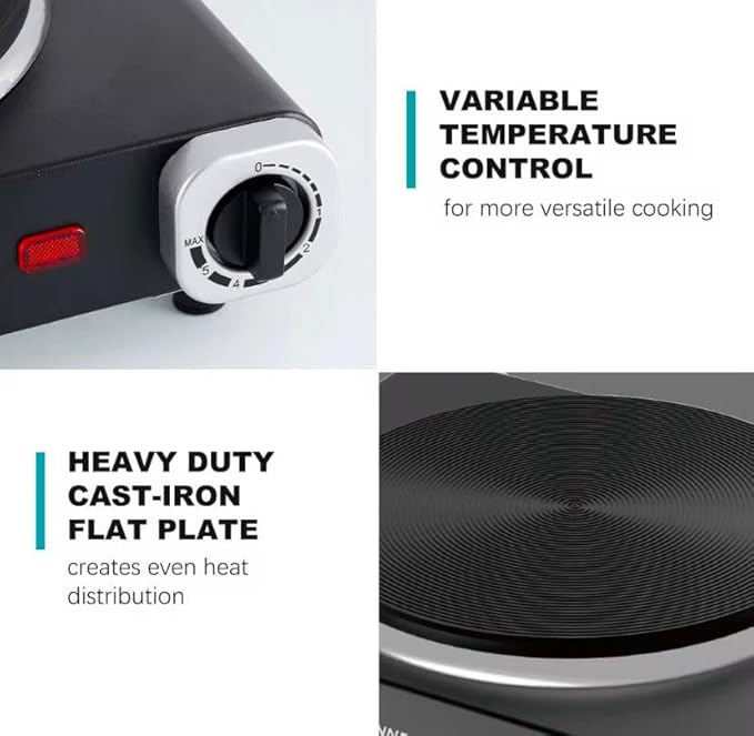 Winning Star Plaque de Cuisson Électrique Portable, 1500W, Plaque en Fonte, Contrôle de Température Variable, 30 x 25 cm, Noir - Nail Gallerys