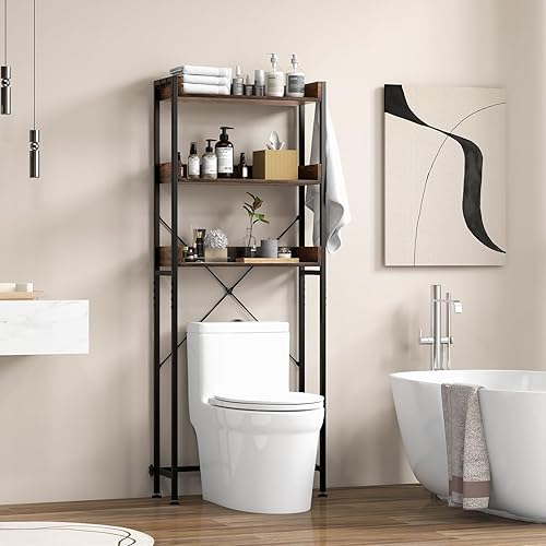LIFEZEAL Meuble au-Dessus des Toilettes, Meuble sur WC à 3 Niveaux, Meuble de Rangement Salle de Bain avec 4 Crochets, Style Industriel, Dispositif Anti-Bascule (Blanc) - Nail Gallerys