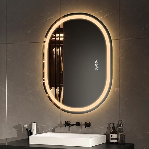 EMKE Miroir de Salle de Bain avec éclairage 50x70 cm - Miroir Ovale, lumière réglable (3 températures de Couleur), Fonction Anti-buée, mémoire et Extinction Automatique après 3 Heures - Nail Gallerys