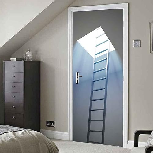 JGCAI 3D Sticker De Porte Trompe L'Oeil Effect Échelle En Bois De Grenier Autocollant Porte Poster Pvc Auto-Adhésif Amovible Autocollant Pour Salon Porte Cuisine Chambre Salle De Bain 77x200cm - Nail Gallerys