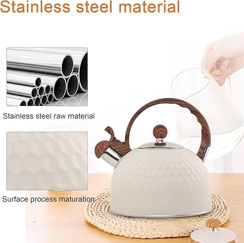 Neroyaner Bouilloire à thé sifflante avec Manche en Bois 2, 5 l Théière en Acier Inoxydable à Texture martelée Théière Blanche au Lait sans Odeur Bouilloires thé pour cuisinière Induction - Nail Gallerys
