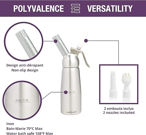 MASTRAD – Siphon 0,3 L Sauces Crèmes Chantilly Mousses Chaudes Ou Froides – Tête Démontable – Aluminium Anodisé Ultra Résistant – Ergonomique – Livré Avec 3 Embouts & Brosse De Nettoyage - Nail Gallerys
