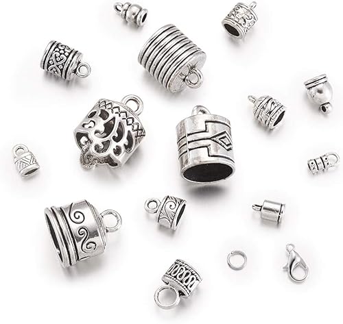 Craftdady Lot de 120 embouts de cordon en cuir argenté vieilli tibétain à coller dans le cuir, 14 styles, pour fabrication de bijoux et bracelets Kumihimo - Nail Gallerys