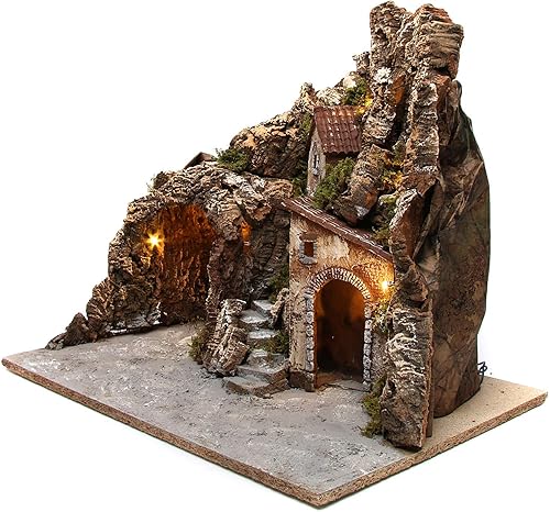 Holyart Décor crèche éclairé avec Grotte et Maisons 40X50X45 cm Bois et liège - Nail Gallerys