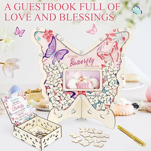 SelfTek Livre d'or pour fête prénatale, 63 pièces, livre d'or alternatif avec cadre photo, cadre photo de vœux en bois, cadeau de bébé comme souvenir, cadeau d'anniversaire et de baptême - Nail Gallerys