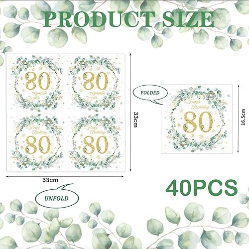 Lot de 40 serviettes de table en papier pour fête d'anniversaire 80 ans, pour femme/homme, vert eucalyptus, décoration de fête d'anniversaire, pour fête, anniversaire - Nail Gallerys