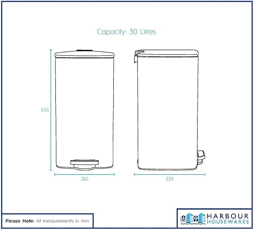 Harbour Housewares 30L Poubelle de Cuisine Carrée à Pédale en Acier Inoxydable - Noir - 1x Fermeture en Douceur Grande Métal Placard Nourriture Recyclage Déchets Poubelles avec Couvercle sans Contact - Nail Gallerys