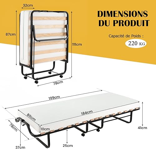 COSTWAY Lit Pliant 1 Personne Adulte 78 x 199 cm, avec Matelas Orthopédique en Mémoire 10 cm, Charge 220 kg, Lit d’Appoint Pliable à 4 roulettes et Sommier à 15 Lattes de Bois pour invités, Blanc - Nail Gallerys