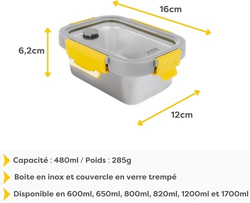 PIKA - Boite alimentaire 480ml en inox et couvercle en verre trempé – Hermétique et légère – Compatible micro-ondes, four, congélateur – MetalShock - Nail Gallerys