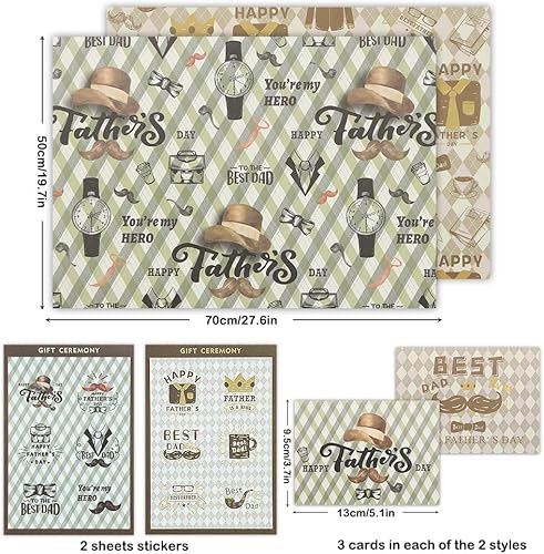 Papier Cadeau Fête des Pères Papier Cadeau Plié à Carreaux Rétro 6 Feuilles 50x70cm Recyclable Barbe Cravate Chapeau Horloge Motif Papier Cadeau pour Papa Grand-Père avec Autocollants Enveloppe Carte - Nail Gallerys
