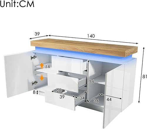 KOMHTOM Commode avec 2 Portes et 3 tiroirs, Meubles de Rangement Armoire avec éclairage LED, pour Chambre à Coucher et Salon, Blanc (115 x 110 x 39 cm) - Nail Gallerys
