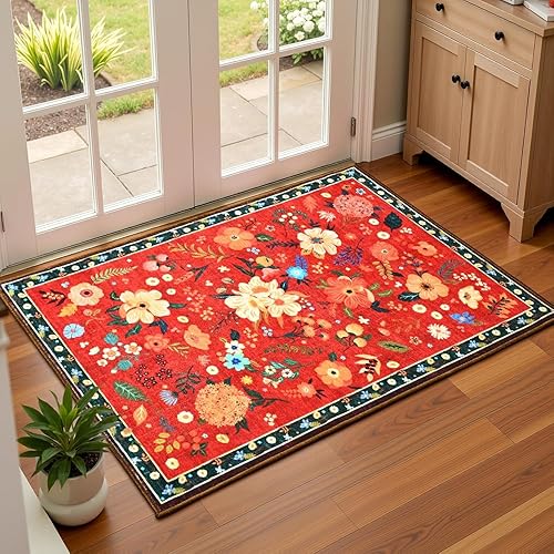 LONGSAO Tapis Lavable Grand Antidérapant Tapis 110 x 150 cm pour Salon Chambre Canapé Natte Décor de D'intérieur Rétro Floral Rouge Jaune Bleu - Nail Gallerys