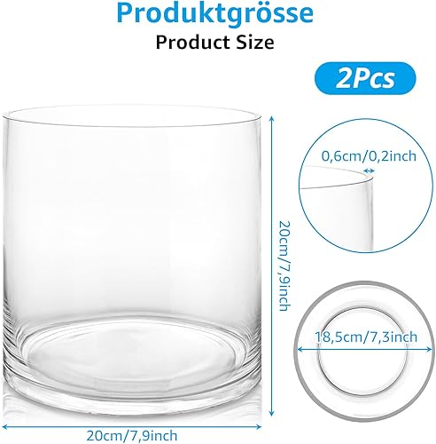 Oungy Lot de 2 grands vases cylindriques en verre transparent pour bougies - Sans fond - 20 cm de haut - Pour mariages, événements, décoration, centre - Nail Gallerys