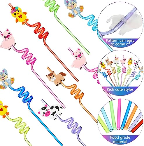 Lot de 16 pailles réutilisables en forme d'animaux de la ferme pour fête d'anniversaire - Nail Gallerys