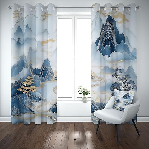 Sobhdga Paysage Naturel Montagne Aquarelle Rideau Thermique Isolant Anti Froid, Rideaux Style Chinois Opaque Occultant pour Chambre, Draperies Interieurs a Oeillets 140l X 260h, Lot de 2 - Nail Gallerys