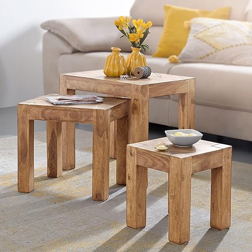 FineBuy Tables gigognes Ensemble Trois pièces Bois Massif Acacia 50 x 45 x 36 cm Table de Salon | Table d'appoint Style Maison de Campagne | Meubles en Bois Table Basse | Table en Bois Massif - Nail Gallerys
